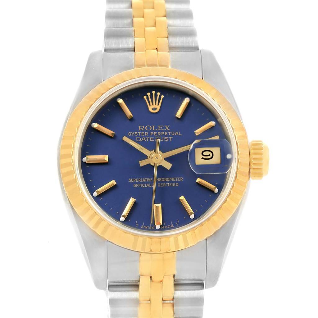 The image shows a frontal view of a Rolex Datejust 69173 Women's Stainless Steel Blue Dial 69173 Women's Stainless Steel Blue Dial watch, displaying the dial, hands, date, bezel, and part of the bracelet.