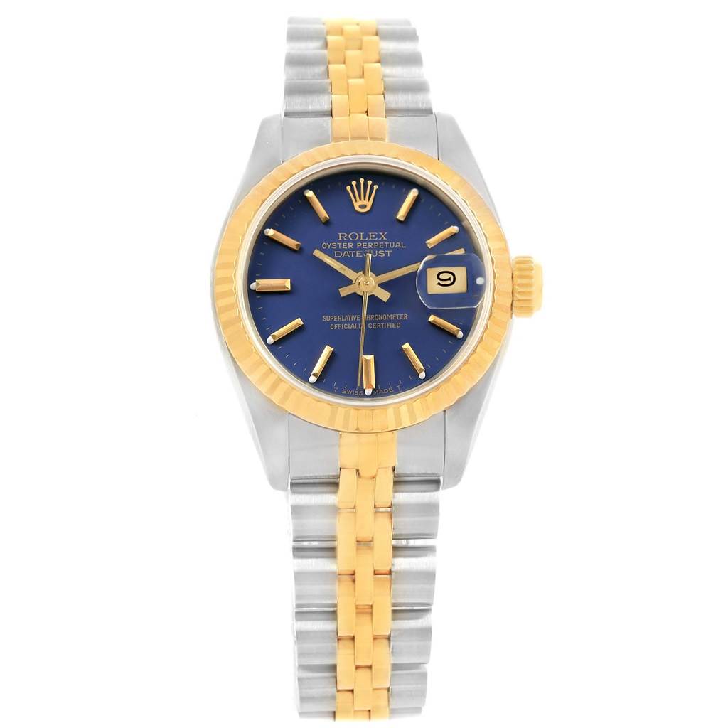 This image shows a front view of a Rolex Datejust 69173 Women's Stainless Steel Blue Dial 69173 Women's Stainless Steel Blue Dial watch, featuring a two-tone bracelet and a blue dial with a date window.