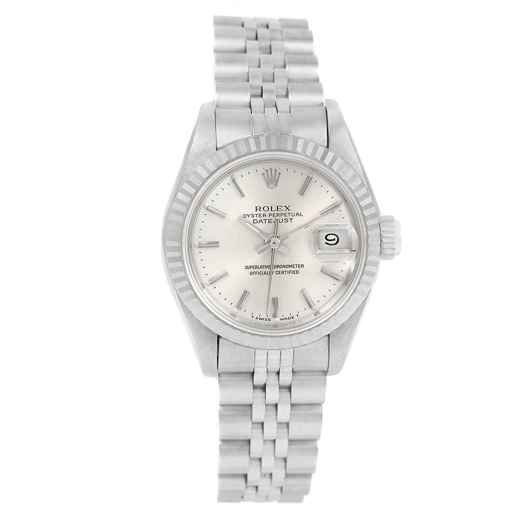This image shows a front view of a Rolex Datejust 69174 Women's Stainless Steel Silver Dial 69174 Women's Stainless Steel Silver Dial watch, featuring the dial, bezel, crown, and Jubilee bracelet.