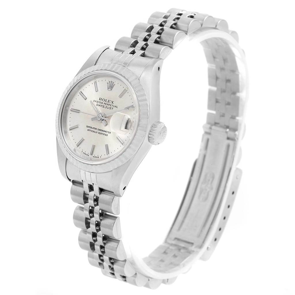 The Rolex Datejust 69174 Women's Stainless Steel Silver Dial 69174 Women's Stainless Steel Silver Dial watch is shown from an angled top-down perspective, highlighting the dial, bezel, crown, and bracelet.
