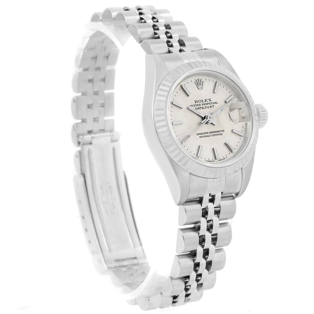 The image shows a side angle of a Rolex Datejust 69174 Women's Stainless Steel Silver Dial 69174 Women's Stainless Steel Silver Dial watch, highlighting the face, bezel, and Jubilee bracelet.