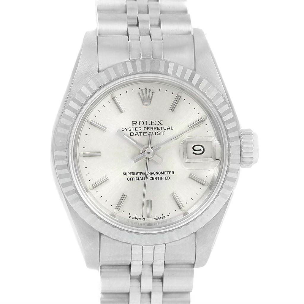 The image is a front view of a Rolex Datejust 69174 Women's Stainless Steel Silver Dial 69174 Women's Stainless Steel Silver Dial watch, showing the dial, bezel, bracelet, and date display.