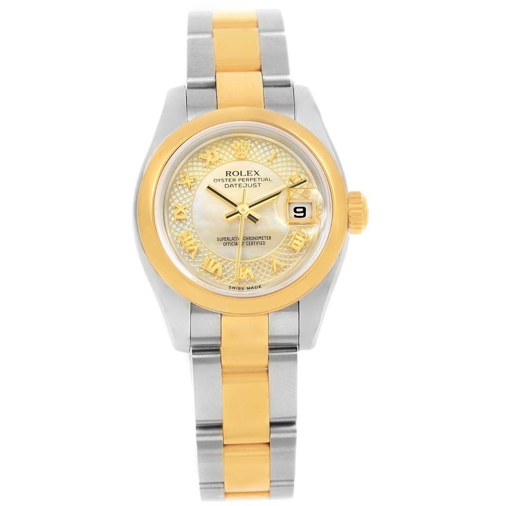 This image shows a front view of a Rolex Datejust 179163 Women's Stainless Steel Mother of Pearl Dial 179163 Women's Stainless Steel Mother of Pearl Dial watch, featuring a two-tone bracelet, gold bezel, and date display.