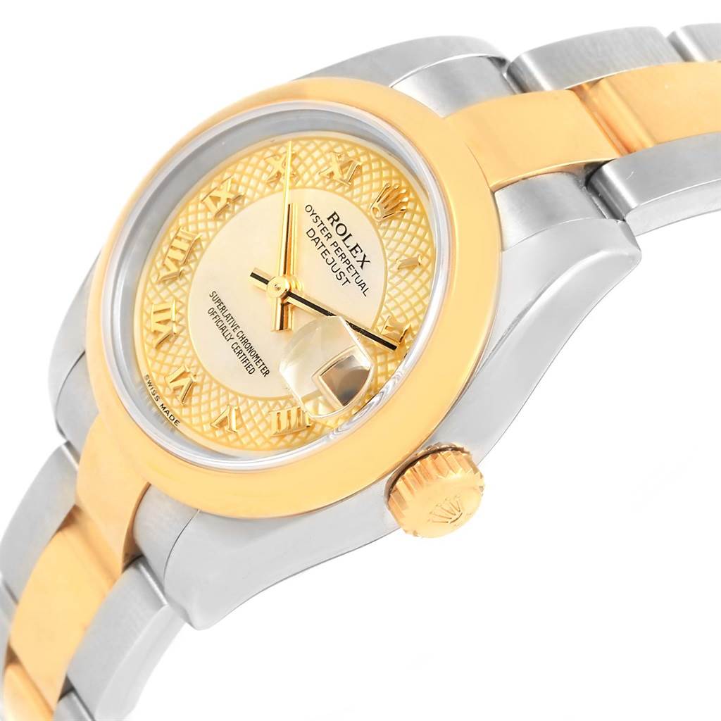 The image shows a side-angle view of a Rolex Datejust 179163 Women's Stainless Steel Mother of Pearl Dial 179163 Women's Stainless Steel Mother of Pearl Dial watch, highlighting the gold dial, crown, and two-tone bracelet.