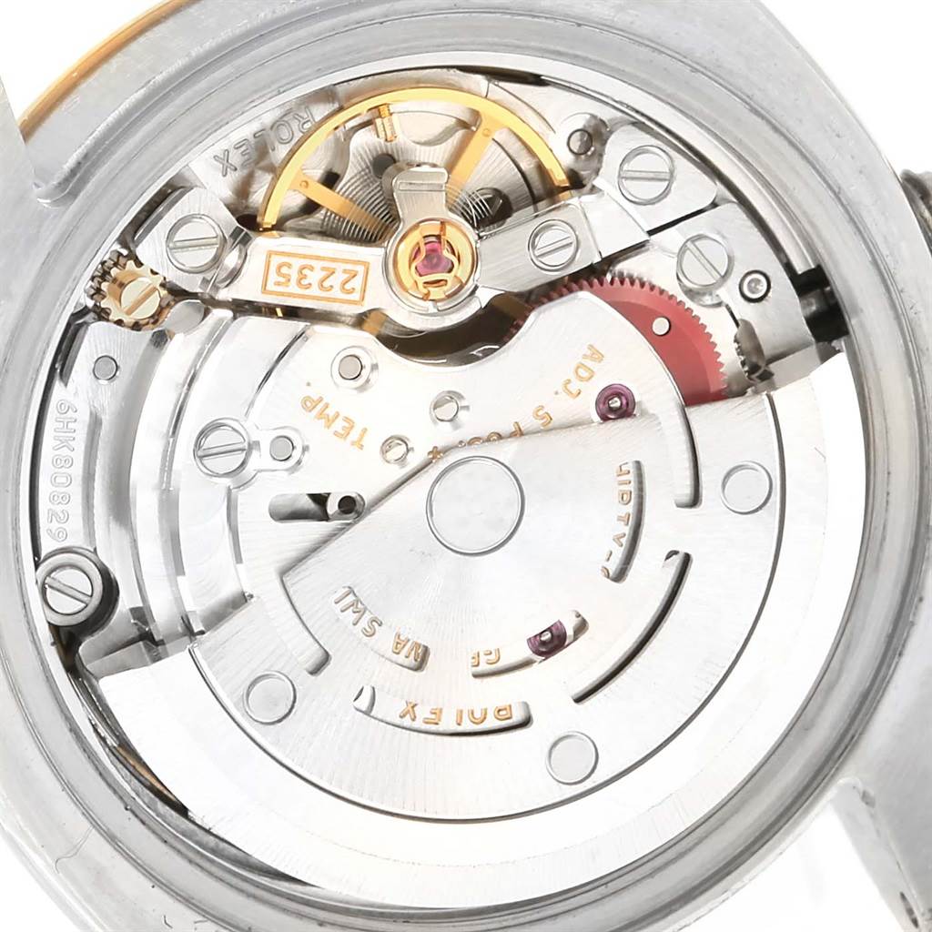 This is an internal view of the Rolex Datejust 179163 Women's Stainless Steel Mother of Pearl Dial 179163 Women's Stainless Steel Mother of Pearl Dial watch, showcasing its intricate mechanical movement components.