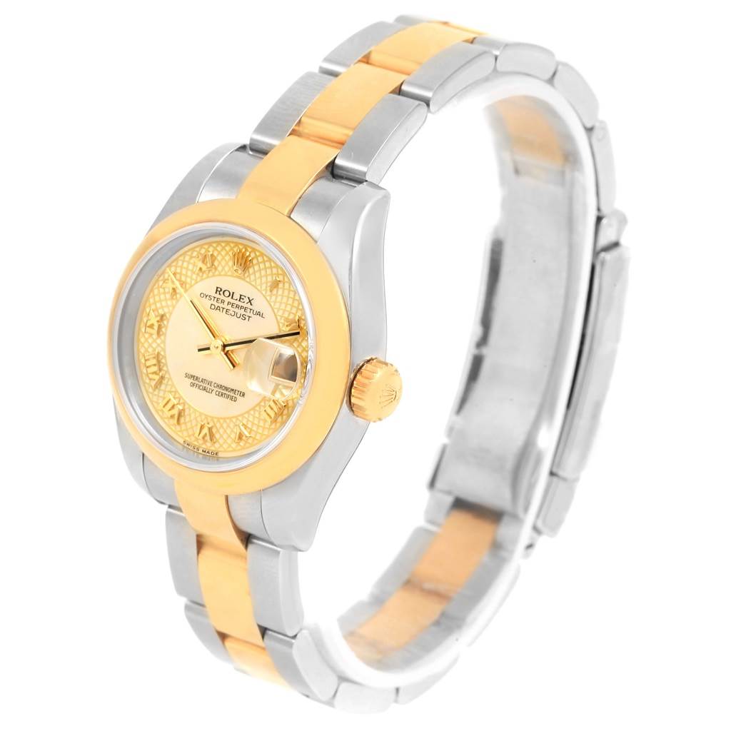 The image shows a side angle of a Rolex Datejust 179163 Women's Stainless Steel Mother of Pearl Dial 179163 Women's Stainless Steel Mother of Pearl Dial model, showcasing the face, bezel, crown, and bracelet.