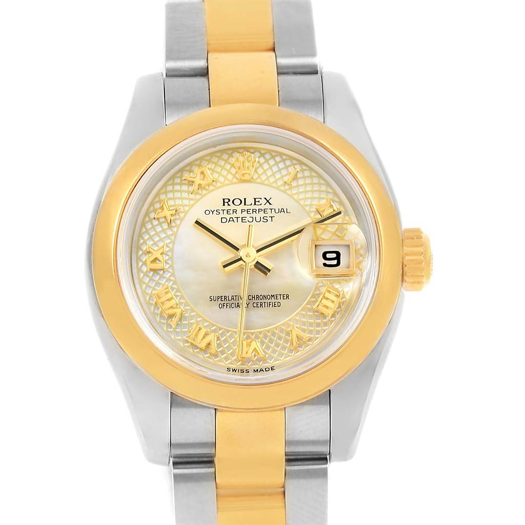 The Rolex Datejust 179163 Women's Stainless Steel Mother of Pearl Dial 179163 Women's Stainless Steel Mother of Pearl Dial watch is shown from the front, featuring its dial, hands, date window, and part of its two-tone bracelet.