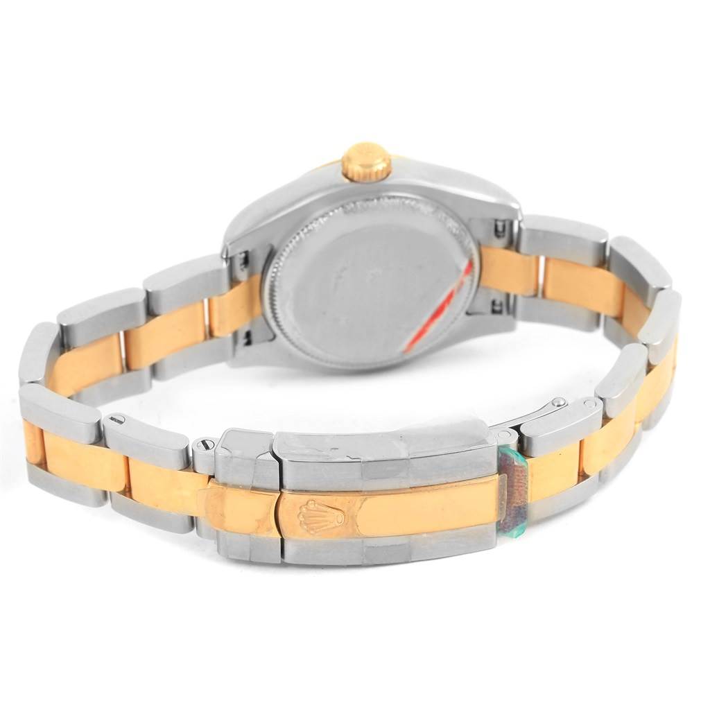 The image shows the back view of a Rolex Datejust 179163 Women's Stainless Steel Mother of Pearl Dial 179163 Women's Stainless Steel Mother of Pearl Dial watch, focusing on the case back and dual-tone metal bracelet.