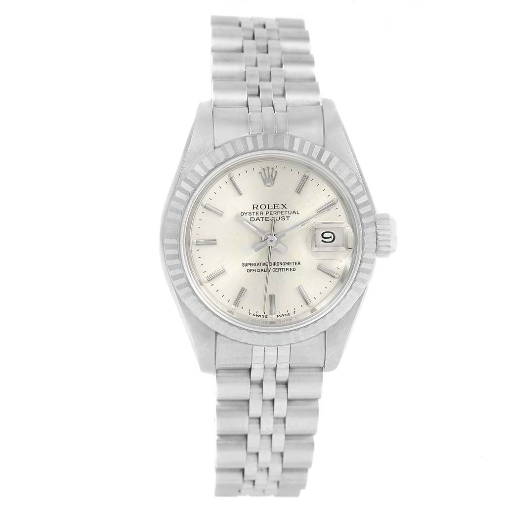 This image shows a front view of the Rolex Datejust 69174 Women's Stainless Steel Silver Dial 69174 Women's Stainless Steel Silver Dial watch featuring the dial, bracelet, and date window.