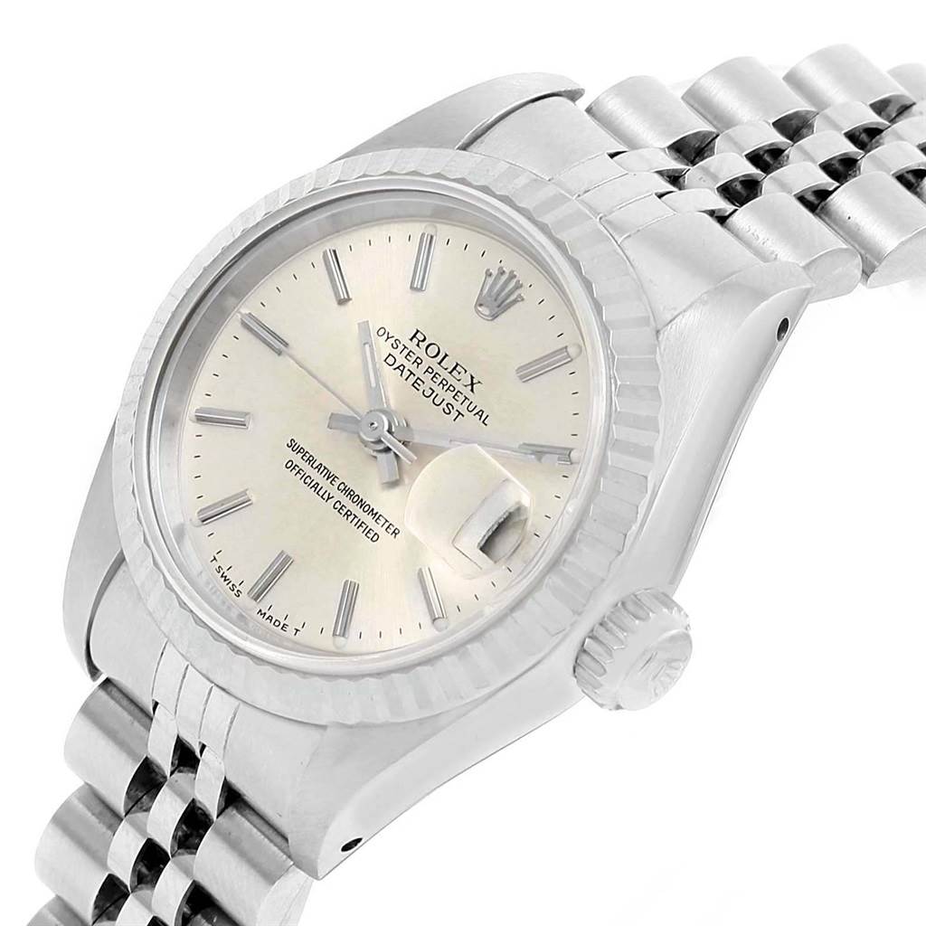 The Rolex Datejust 69174 Women's Stainless Steel Silver Dial 69174 Women's Stainless Steel Silver Dial watch is shown at a slight angle from above, highlighting the dial, bezel, crown, and jubilee bracelet.