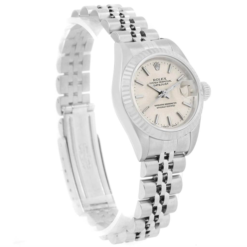 This image shows the Rolex Datejust 69174 Women's Stainless Steel Silver Dial 69174 Women's Stainless Steel Silver Dial watch at an angle that highlights the face, bezel, crown, and bracelet.