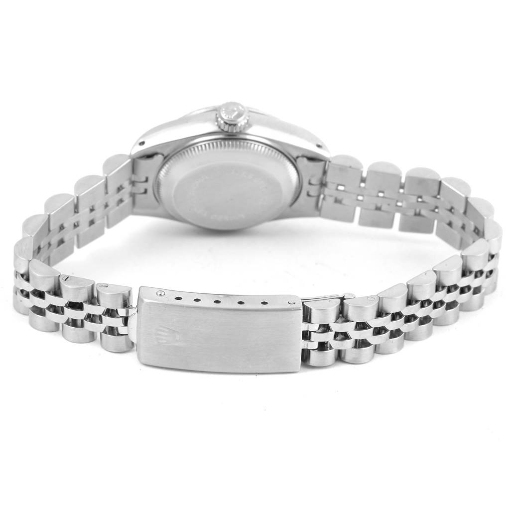 The image shows the back view of a Rolex Datejust 69174 Women's Stainless Steel Silver Dial 69174 Women's Stainless Steel Silver Dial watch, focusing on the case back and bracelet.