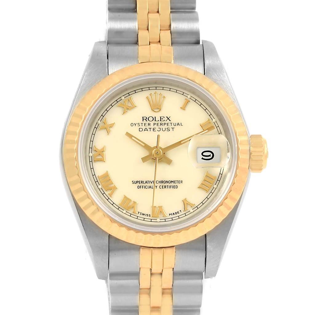 This image shows a front view of a Rolex Datejust 69173 Women's Stainless Steel Beige Dial 69173 Women's Stainless Steel Beige Dial watch, highlighting the dial, bezel, and part of the bracelet.