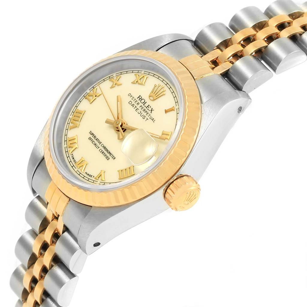 The image shows a close-up angled view of the Rolex Datejust 69173 Women's Stainless Steel Beige Dial 69173 Women's Stainless Steel Beige Dial watch, highlighting the dial, bezel, crown, and part of the bracelet.