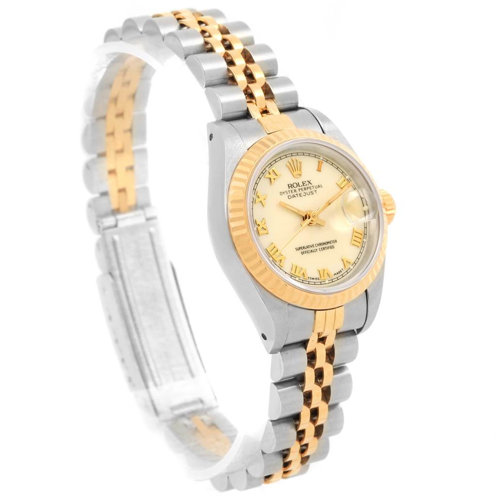 The image shows a Rolex Datejust 69173 Women's Stainless Steel Beige Dial 69173 Women's Stainless Steel Beige Dial watch at an angled view, highlighting its two-tone bracelet and detailed dial.