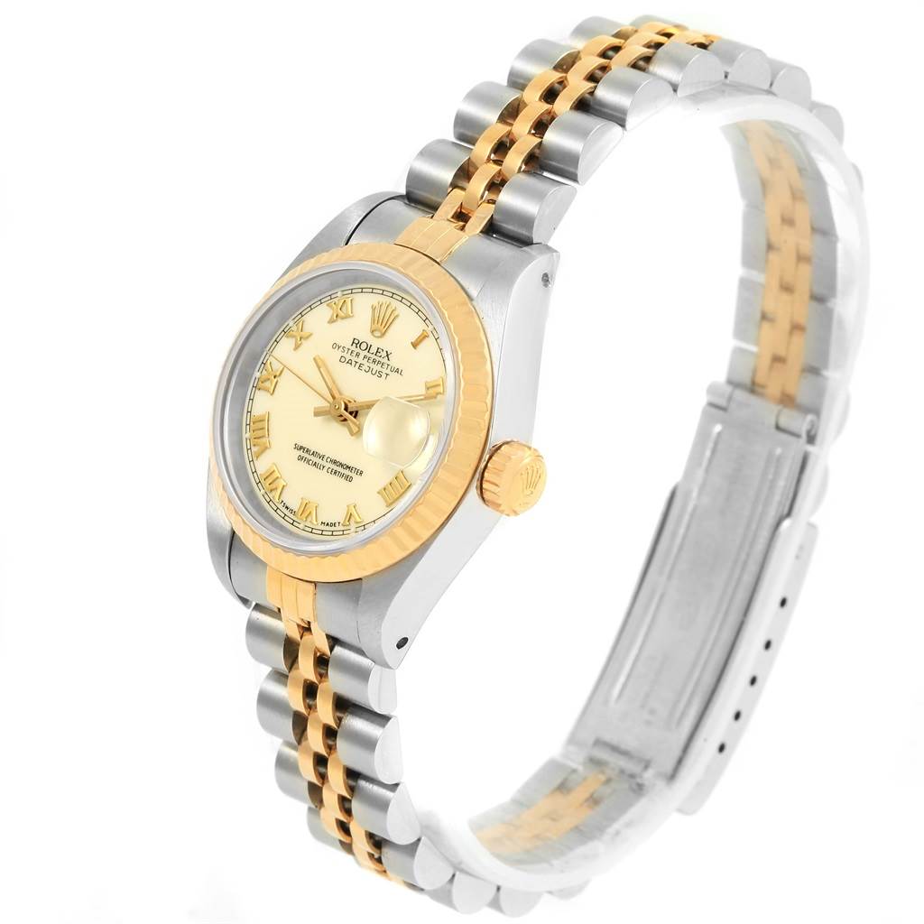 The image shows a Rolex Datejust 69173 Women's Stainless Steel Beige Dial 69173 Women's Stainless Steel Beige Dial watch at a three-quarter angle, highlighting its face, bezel, crown, and two-tone bracelet.