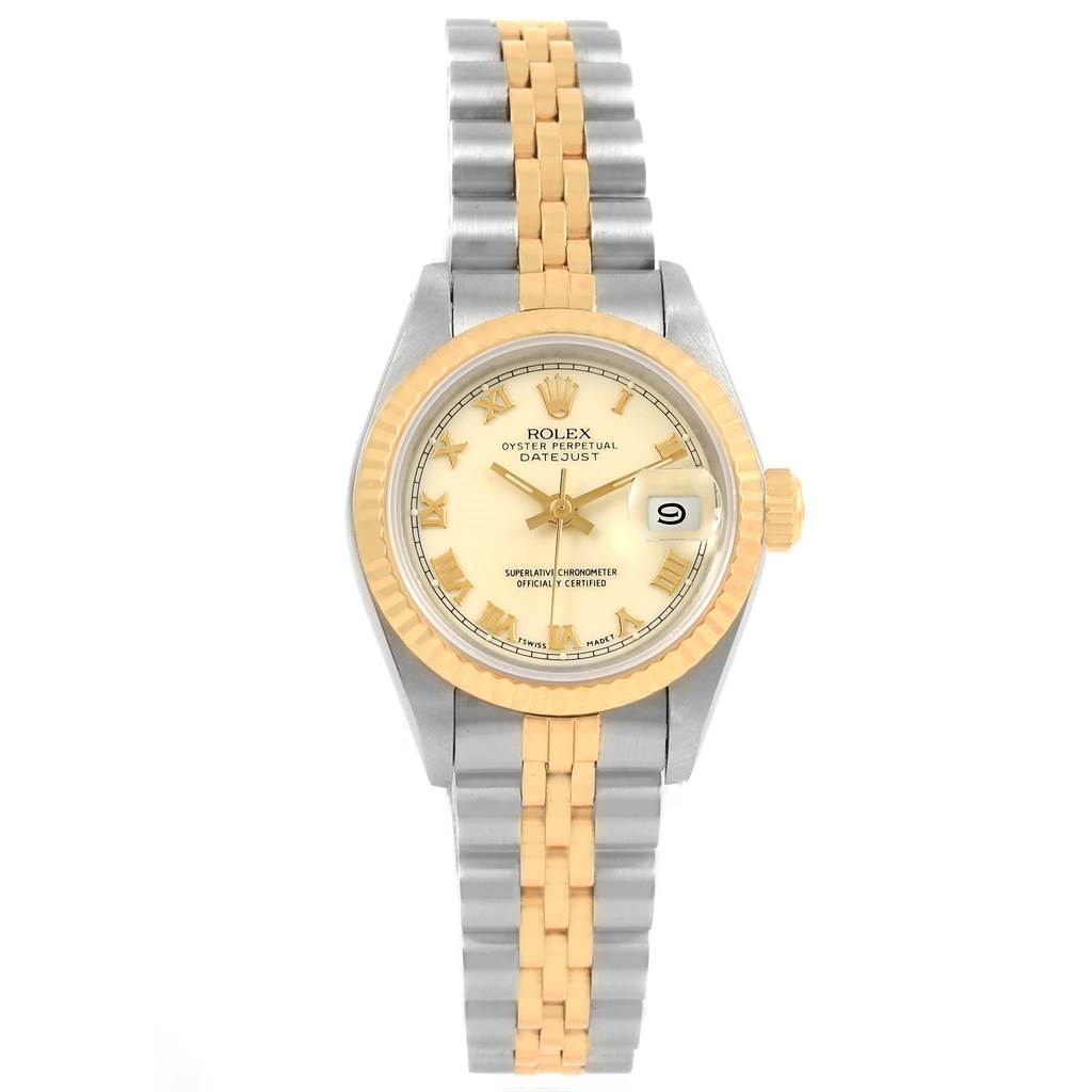 The image shows a front view of a Rolex Datejust 69173 Women's Stainless Steel Beige Dial 69173 Women's Stainless Steel Beige Dial watch, highlighting the dial, bezel, crown, and jubilee bracelet.