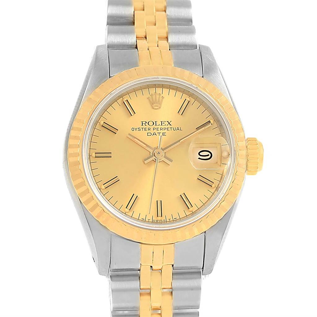 This image shows a front view of a Rolex Datejust 69173 Women's Stainless Steel Champagne Dial 69173 Women's Stainless Steel Champagne Dial watch, highlighting the dial, bezel, crown, and two-tone bracelet.