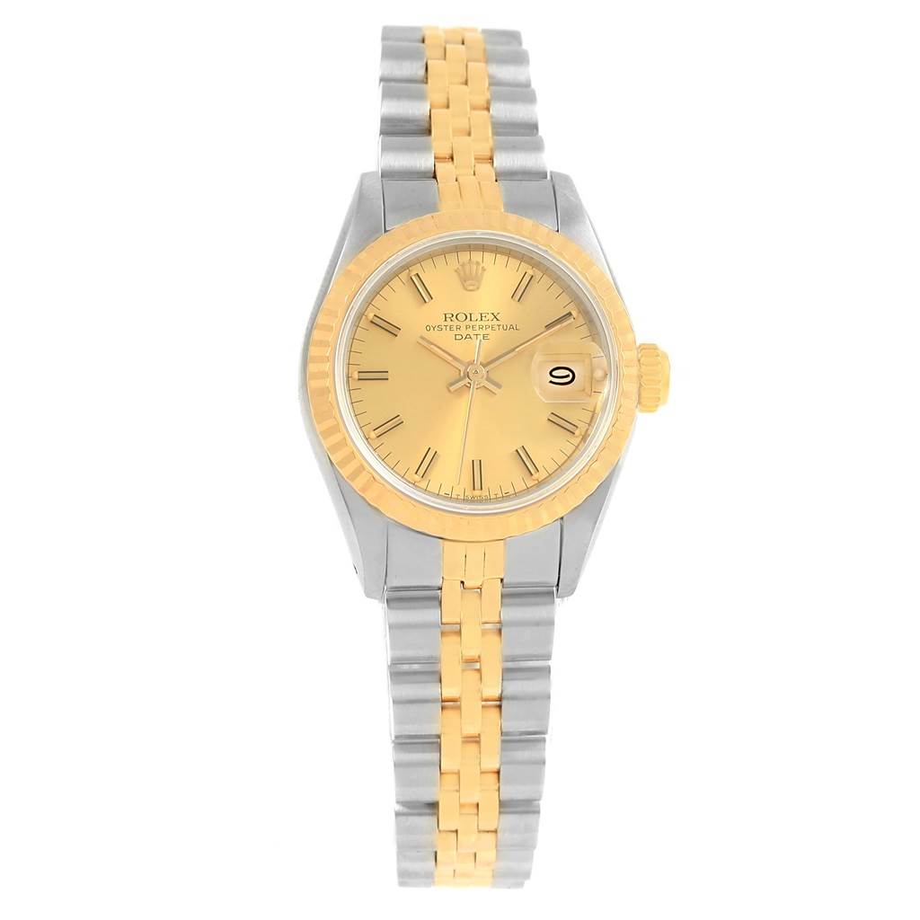 This image shows a Rolex Datejust 69173 Women's Stainless Steel Champagne Dial 69173 Women's Stainless Steel Champagne Dial watch from a front angle, highlighting its two-tone bracelet and gold dial.