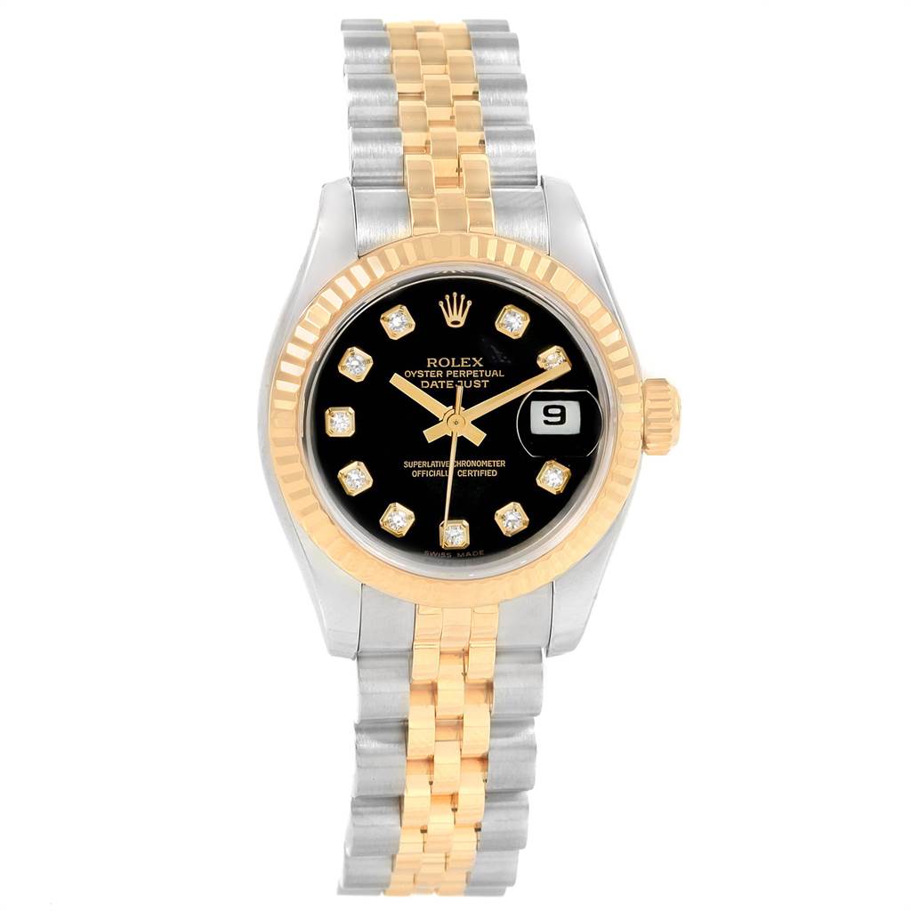 This image shows a Rolex Datejust 179173 Women
s Steel and Gold (two tone) Black Dial 179173 Women
s Steel and Gold (two tone) Black Dial watch with a black dial, diamond hour markers, and a two-tone gold and silver Jubilee bracelet, viewed from the front angle.