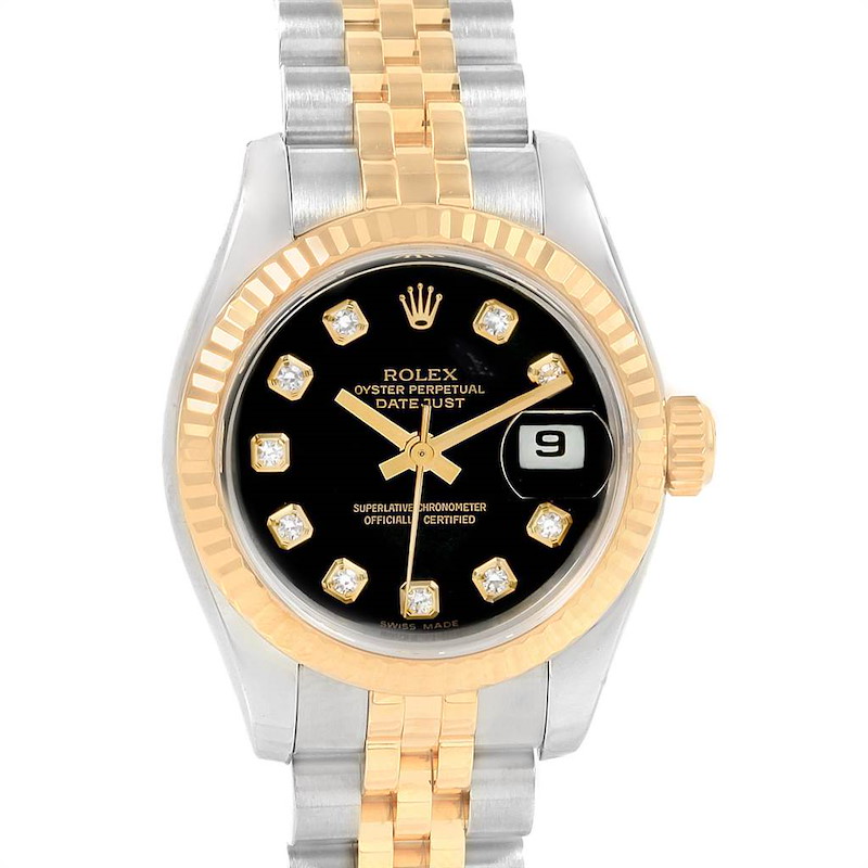 Rolex Datejust 26 Steel Yellow Gold Black Diamond Dial Ladies Watch 179173 SwissWatchExpo