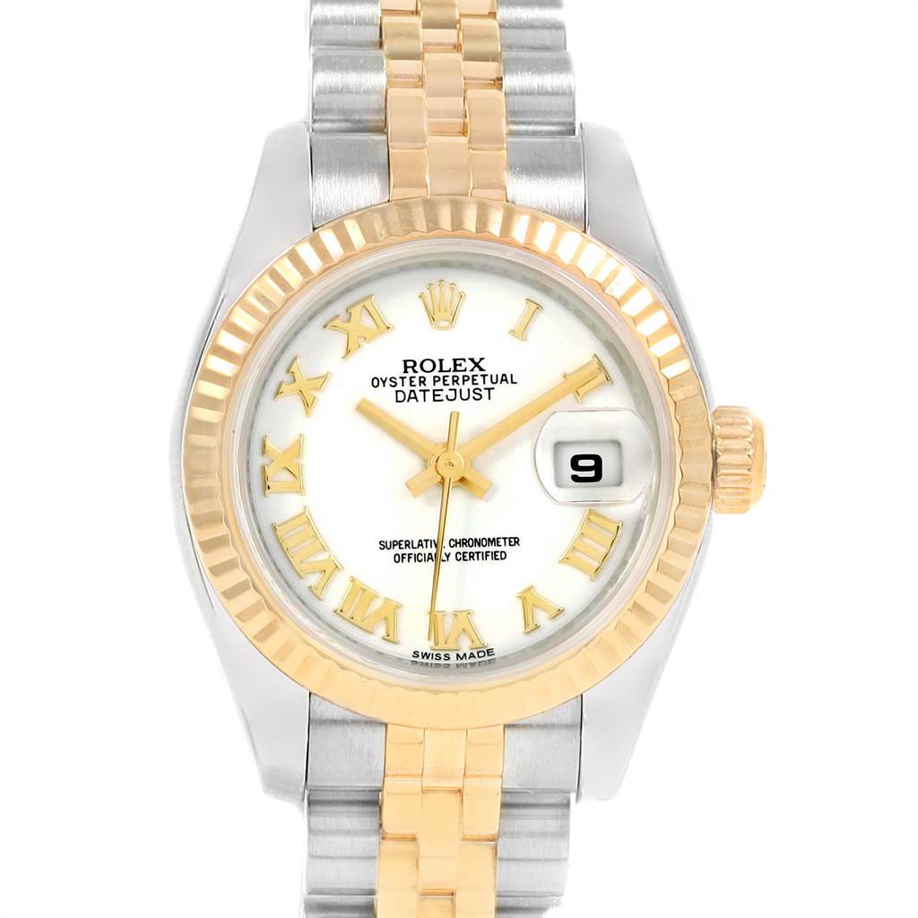 The image shows a Rolex Datejust 179173 Women's Steel and Gold (two tone) White Dial 179173 Women's Steel and Gold (two tone) White Dial watch from a front angle, highlighting its face, bezel, crown, and bracelet.