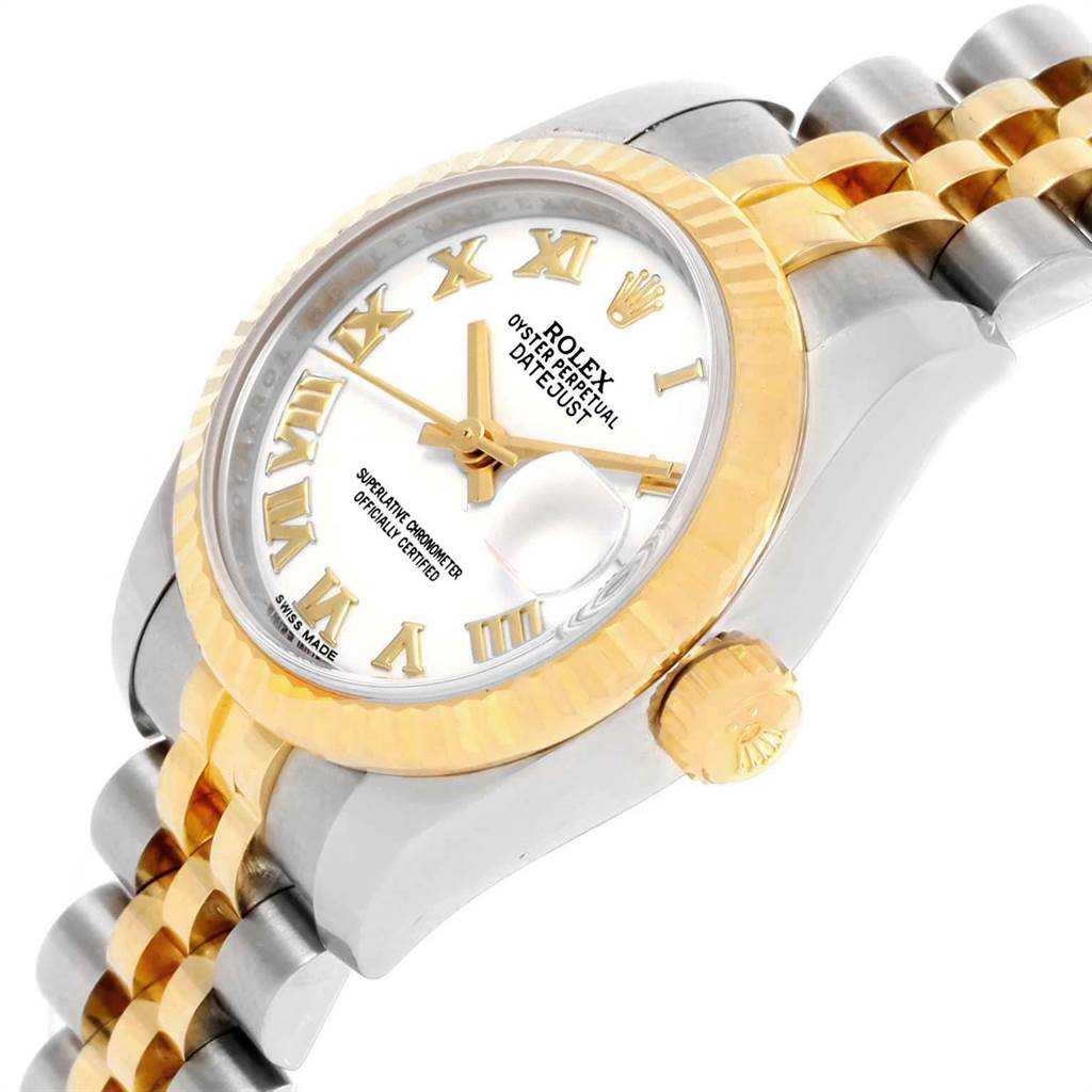 The image shows a close-up angle of a Rolex Datejust 179173 Women's Steel and Gold (two tone) White Dial 179173 Women's Steel and Gold (two tone) White Dial watch, highlighting the dial, bezel, and partial bracelet.