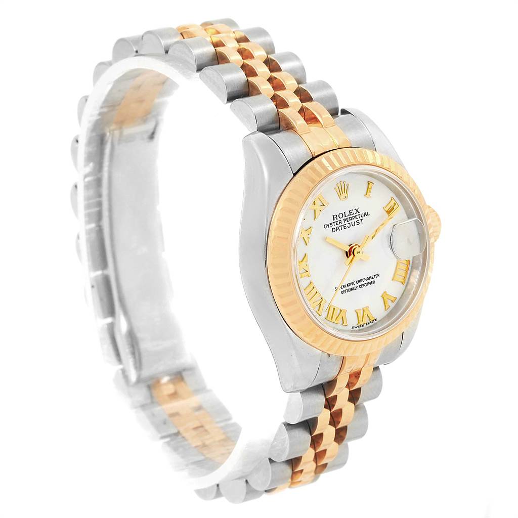 This image shows a Rolex Datejust 179173 Women's Steel and Gold (two tone) White Dial 179173 Women's Steel and Gold (two tone) White Dial watch from a three-quarter angle, highlighting its two-tone metal bracelet and the face details.