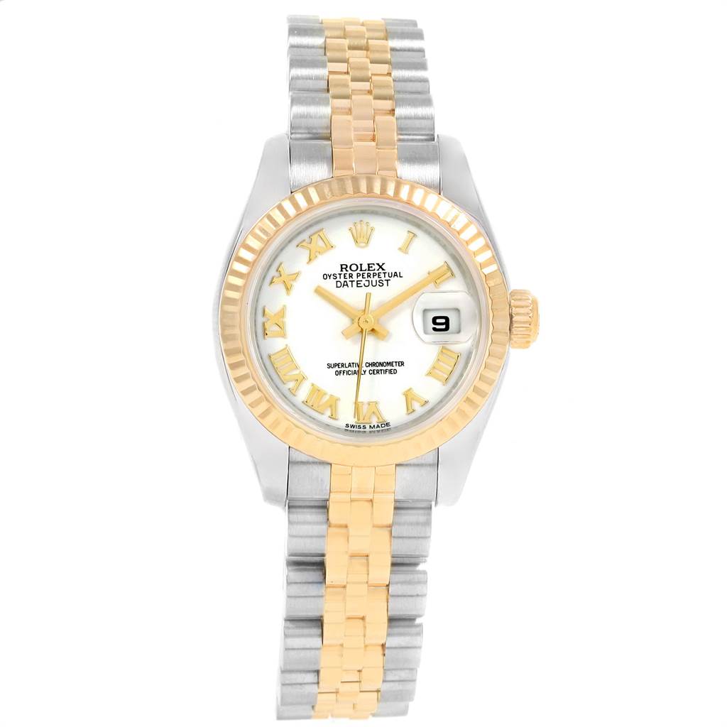 The image shows a front view of a Rolex Datejust 179173 Women's Steel and Gold (two tone) White Dial 179173 Women's Steel and Gold (two tone) White Dial watch, highlighting the face, bezel, and two-tone metal bracelet.