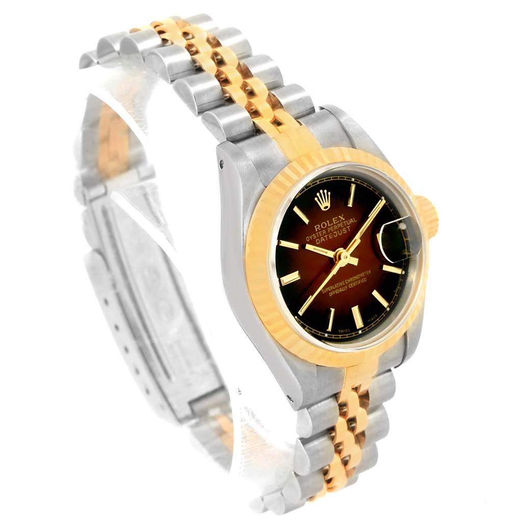The image shows a Rolex Datejust 69173 Women's Stainless Steel Brown Dial 69173 Women's Stainless Steel Brown Dial watch from a three-quarter angle, highlighting its face, bezel, crown, and bracelet.