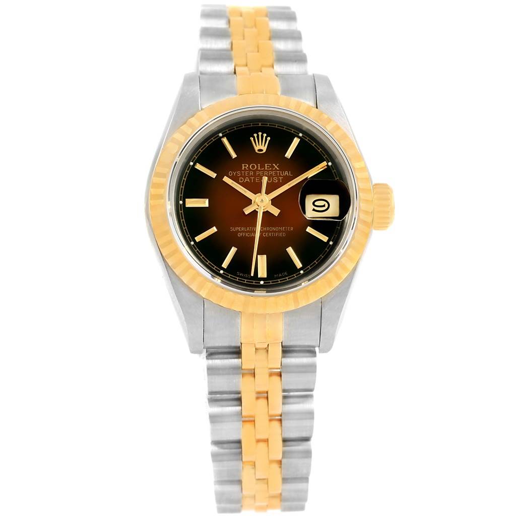 The Rolex Datejust 69173 Women's Stainless Steel Brown Dial 69173 Women's Stainless Steel Brown Dial watch is shown from a top view, highlighting the dial, bezel, case, and bracelet.