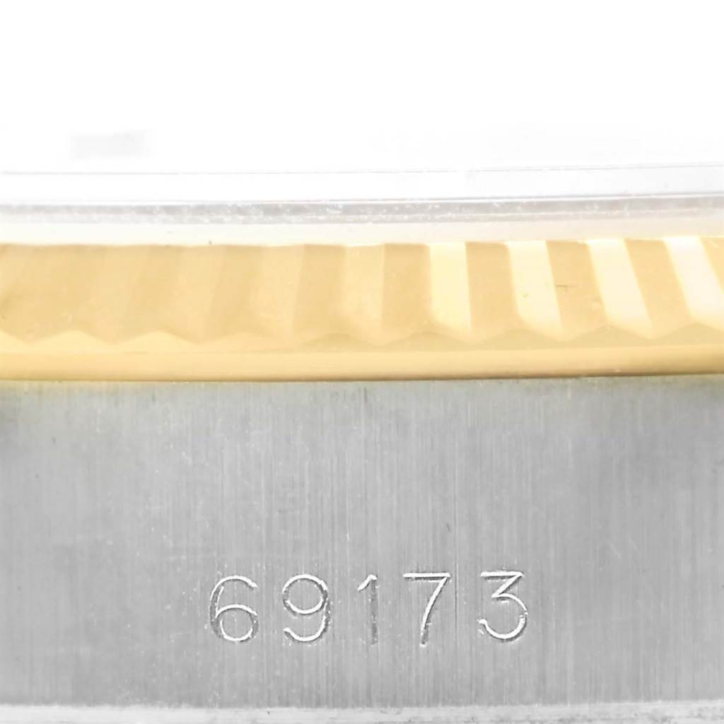 This image shows a close-up of the bezel and case, displaying the model number "69173" on a Rolex Datejust 69173 Women's Stainless Steel Champagne Dial 69173 Women's Stainless Steel Champagne Dial watch.