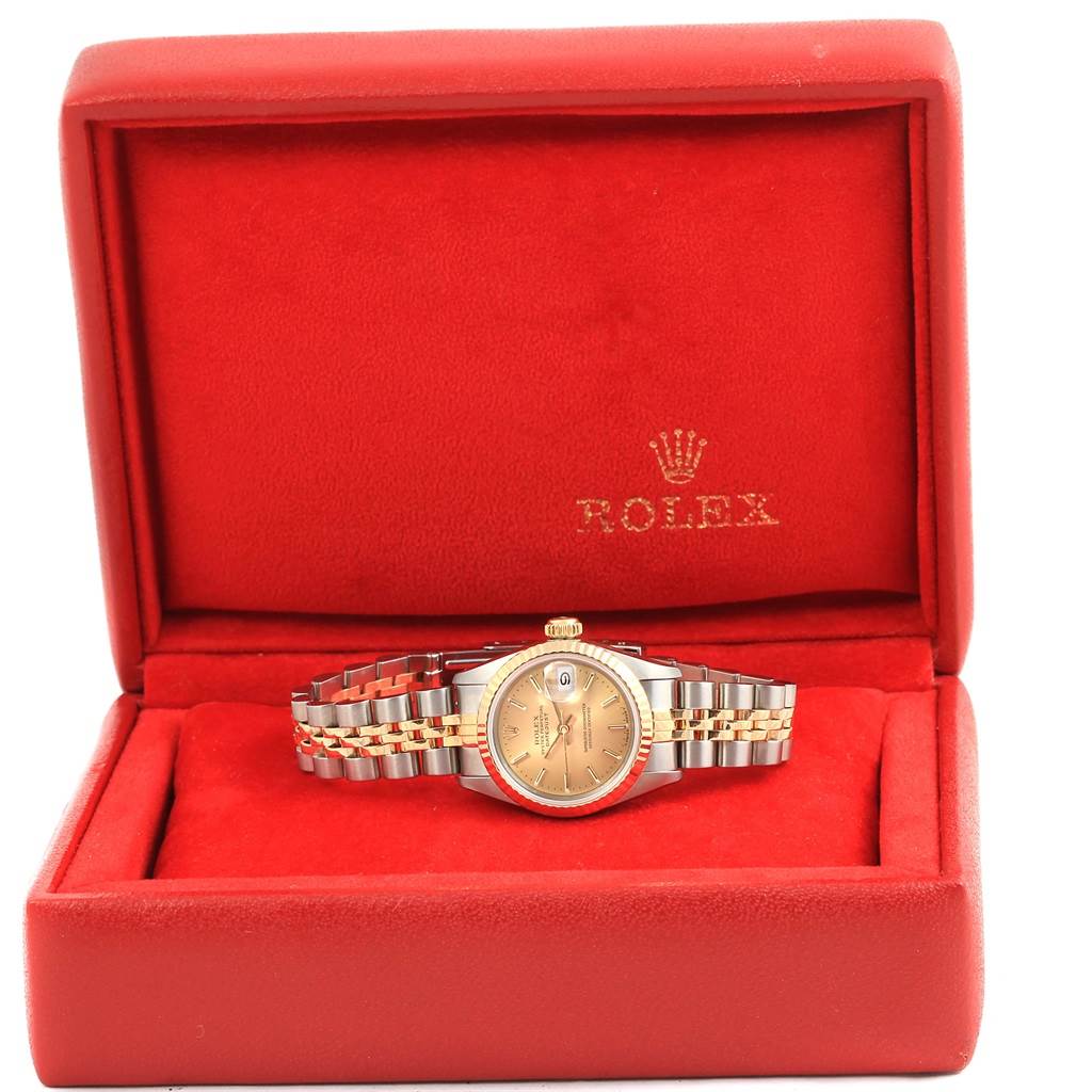 The Rolex Datejust 69173 Women's Stainless Steel Champagne Dial 69173 Women's Stainless Steel Champagne Dial watch is displayed front-on in an open red box.