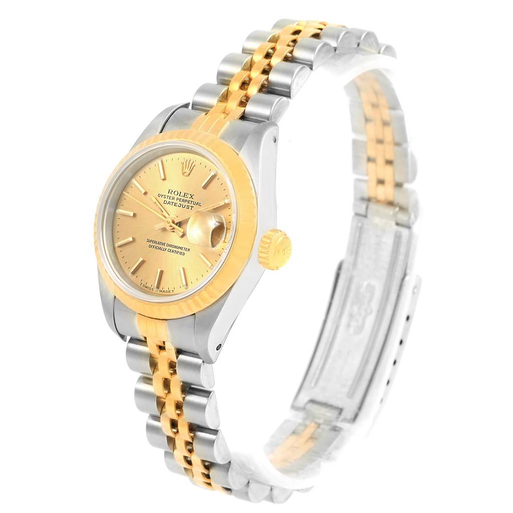 The Rolex Datejust 69173 Women's Stainless Steel Champagne Dial 69173 Women's Stainless Steel Champagne Dial watch is shown at a slight angle, highlighting its gold bezel, dial, and two-tone bracelet.