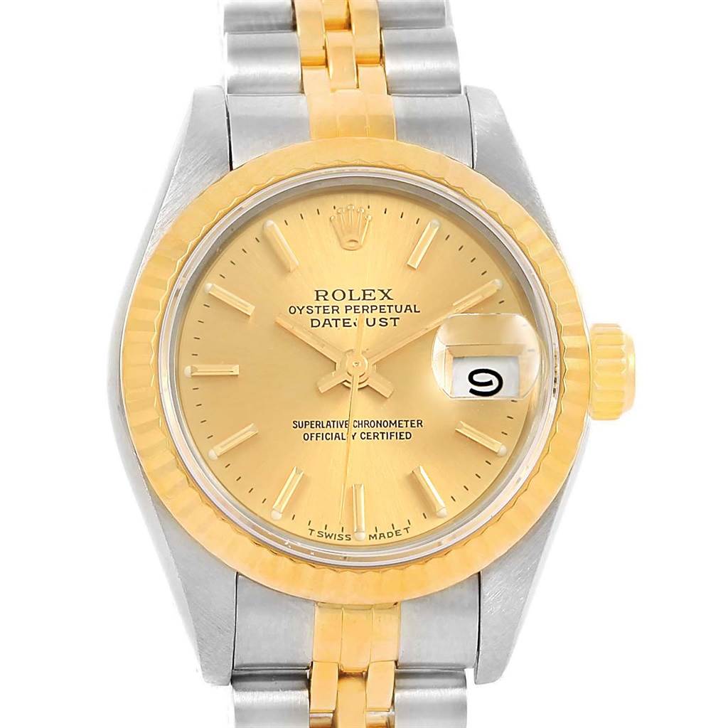 The image shows a front view of a Rolex Datejust 69173 Women's Stainless Steel Champagne Dial 69173 Women's Stainless Steel Champagne Dial watch, highlighting the dial, bezel, crown, and part of the bracelet.