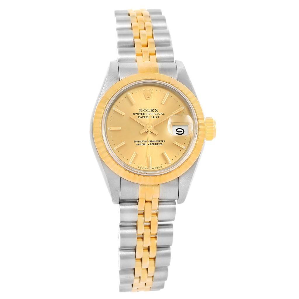 This image shows a frontal view of a Rolex Datejust 69173 Women's Stainless Steel Champagne Dial 69173 Women's Stainless Steel Champagne Dial watch, featuring a two-tone bracelet, gold dial, and date display.
