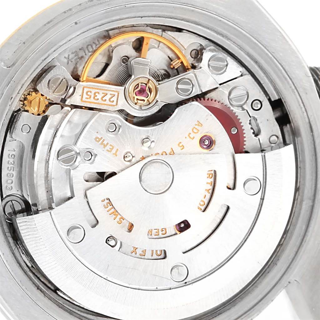 This image shows a close-up view of the internal movement mechanism of a Rolex Datejust 179173 Women's Steel and Gold (two tone) Silver Dial 179173 Women's Steel and Gold (two tone) Silver Dial watch.