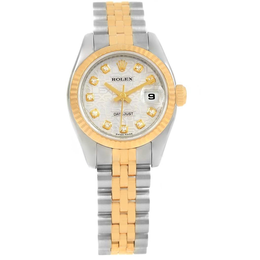 This Rolex Datejust 179173 Women's Steel and Gold (two tone) Silver Dial 179173 Women's Steel and Gold (two tone) Silver Dial watch is shown from the front, featuring its face, bezel, and bracelet.