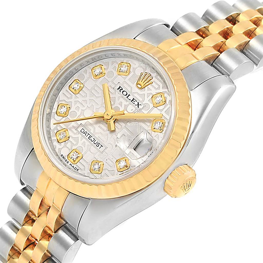 This image shows a close-up of a Rolex Datejust 179173 Women's Steel and Gold (two tone) Silver Dial 179173 Women's Steel and Gold (two tone) Silver Dial, highlighting the dial, bezel, crown, and part of the two-tone bracelet.
