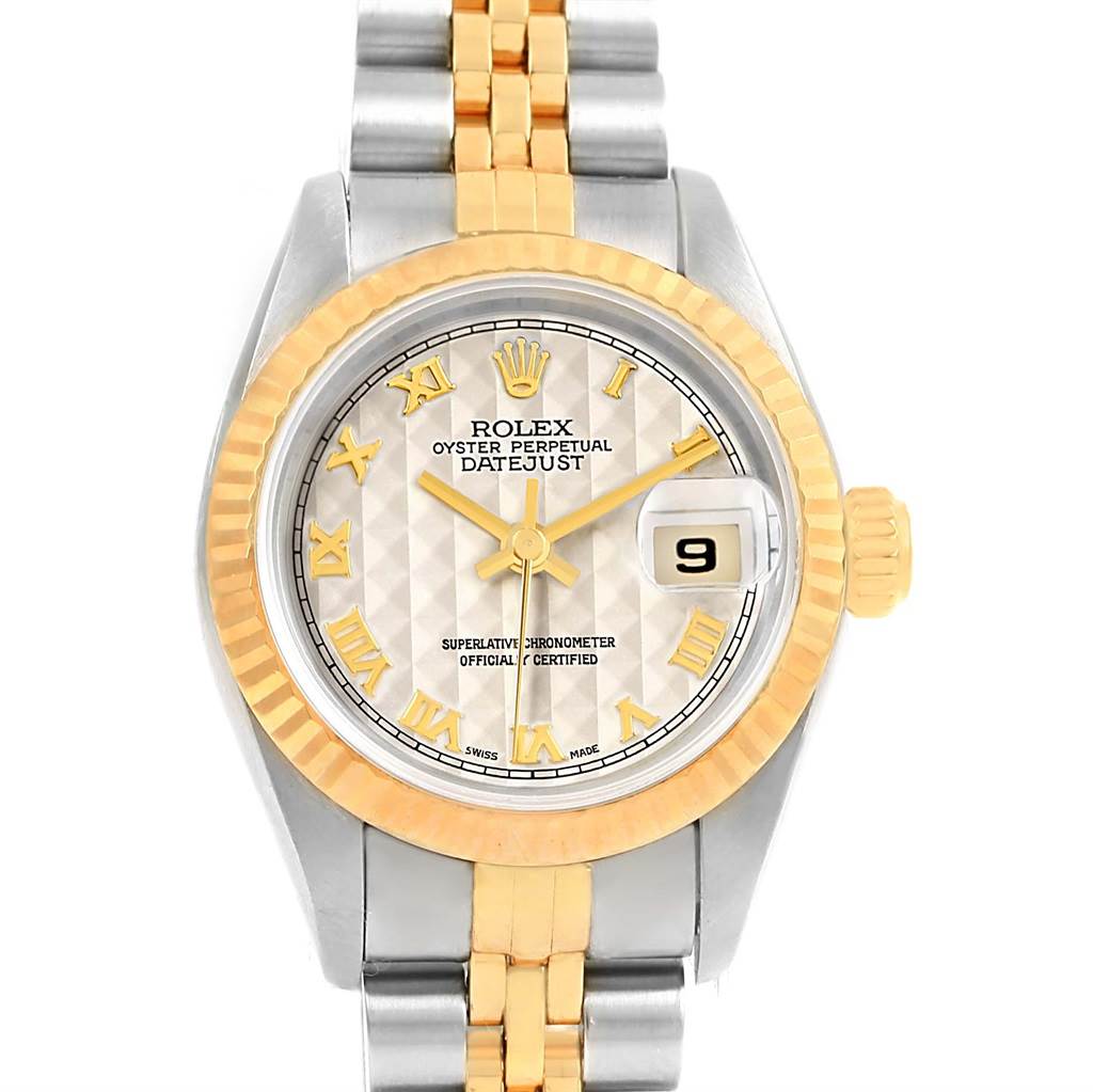 This image shows the front view of a Rolex Datejust 69173 Women's Stainless Steel Beige Dial 69173 Women's Stainless Steel Beige Dial watch, highlighting the dial, bezel, and part of the bracelet.