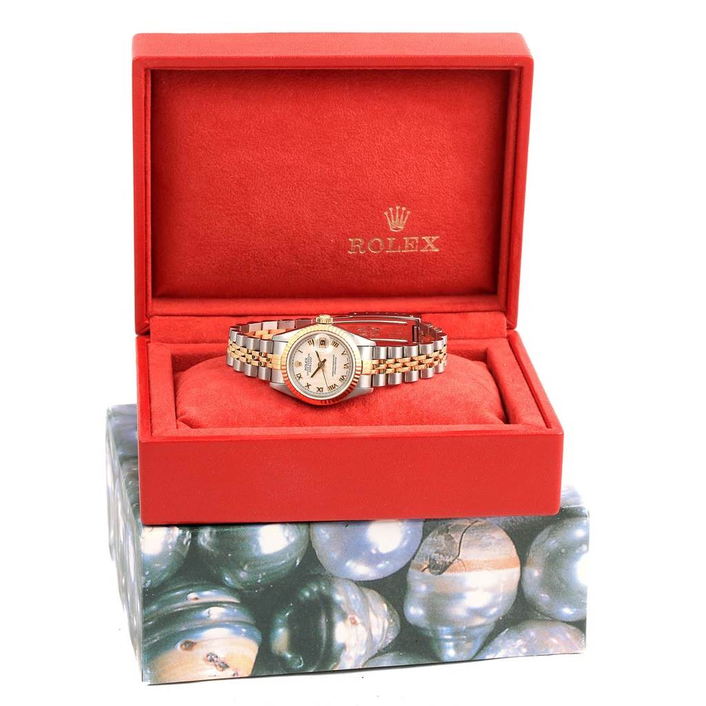 This image shows a Rolex Datejust 69173 Women's Stainless Steel Beige Dial 69173 Women's Stainless Steel Beige Dial watch in a red box, viewed from the front.