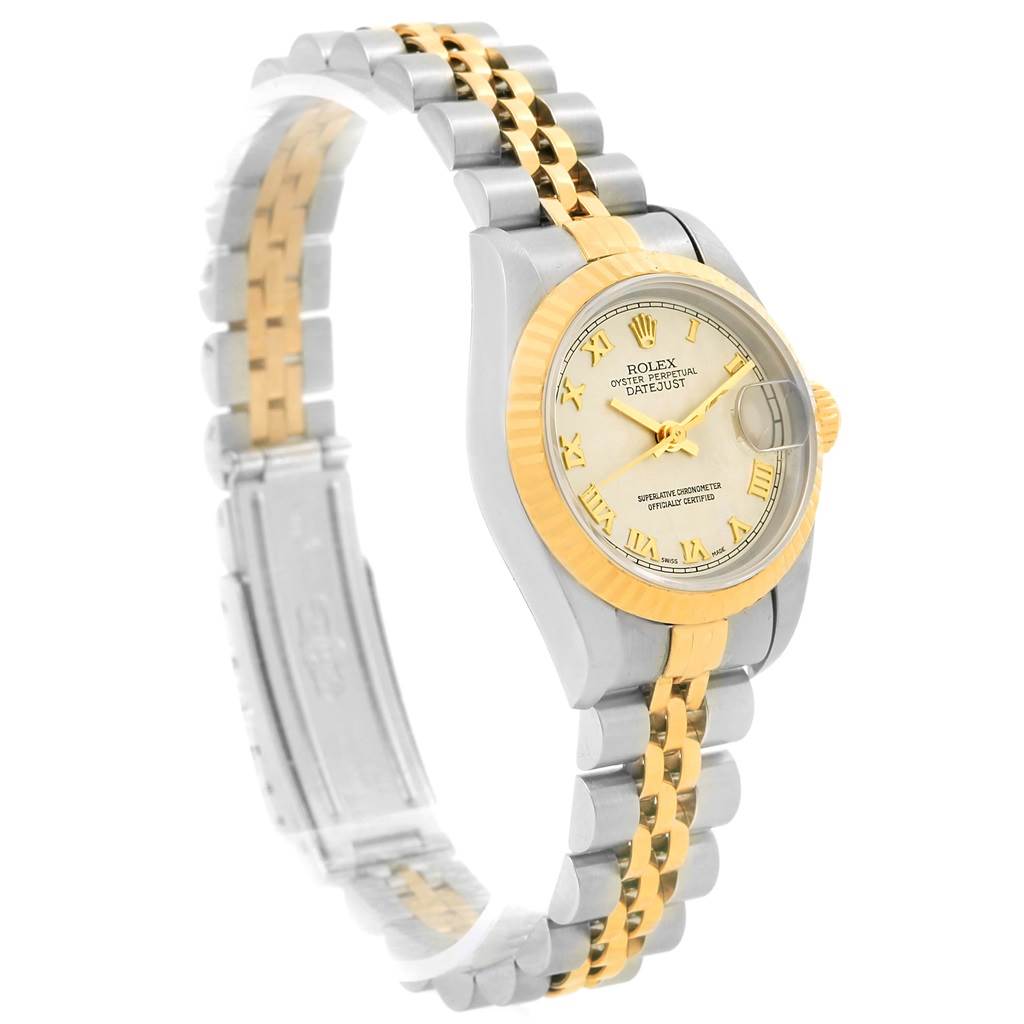 This image displays a side view of a Rolex Datejust 69173 Women's Stainless Steel Beige Dial 69173 Women's Stainless Steel Beige Dial watch, highlighting its two-tone metal bracelet and gold bezel.