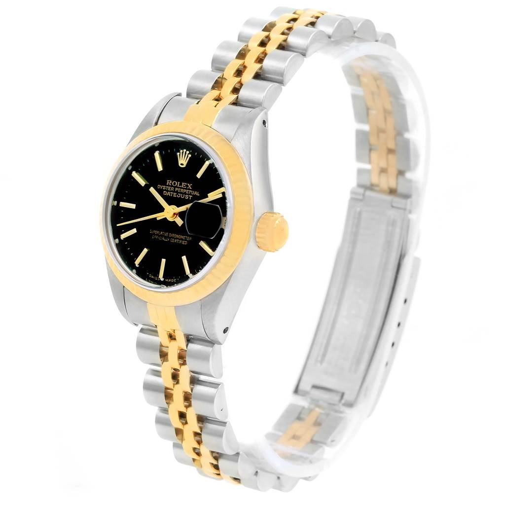 This image shows a Rolex Datejust 69173 Women's Stainless Steel Black Dial 69173 Women's Stainless Steel Black Dial watch at an angled side view, highlighting its dial, bezel, crown, and two-tone bracelet.