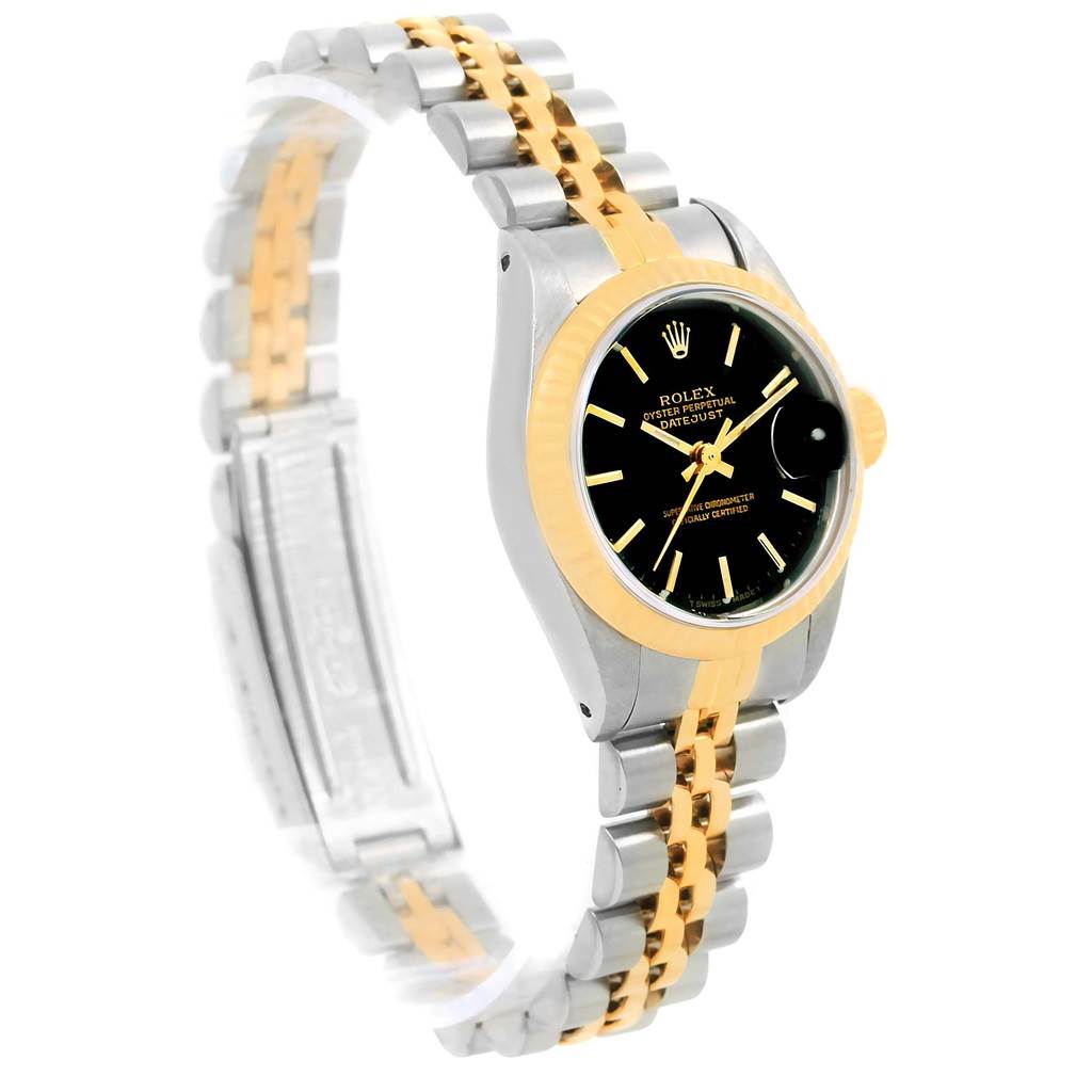 The image shows a Rolex Datejust 69173 Women's Stainless Steel Black Dial 69173 Women's Stainless Steel Black Dial watch at a three-quarter angle, highlighting its black dial and two-tone metal bracelet.