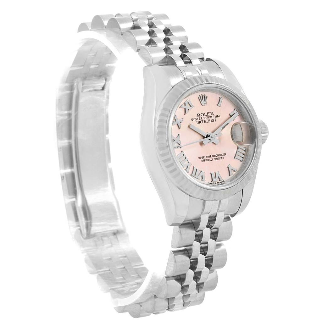 This image shows the Rolex Datejust 179174 Women's Stainless Steel Pink Dial 179174 Women's Stainless Steel Pink Dial watch at an angle highlighting the face, bracelet, and clasp.