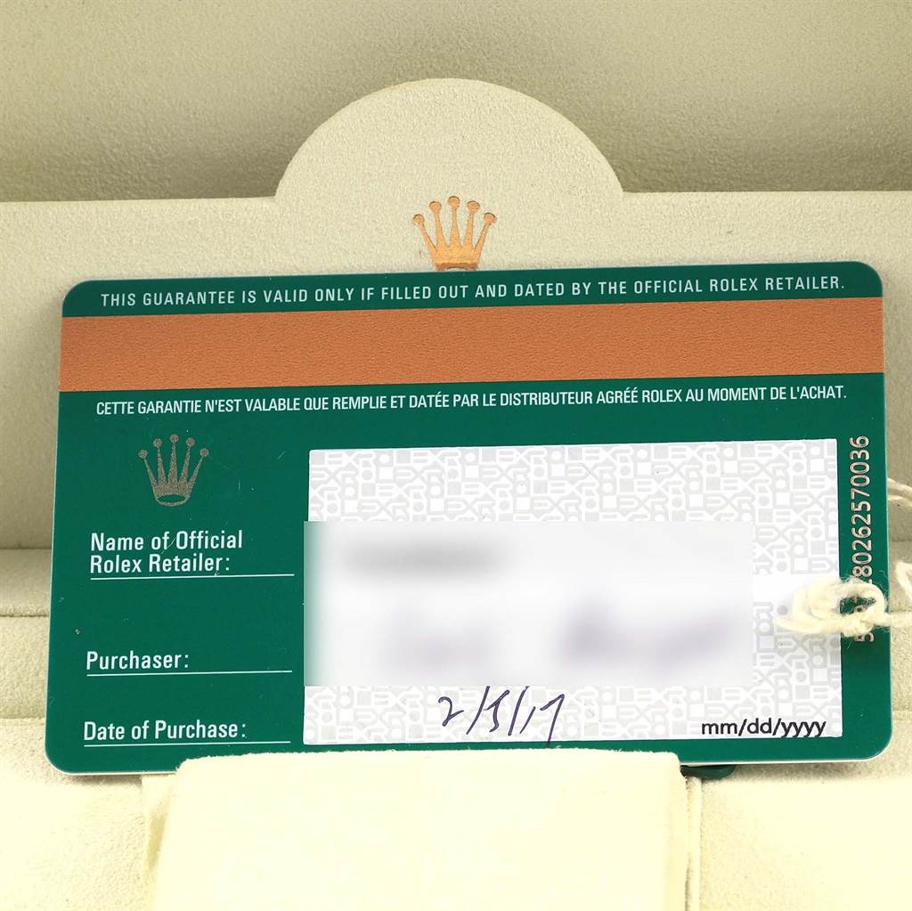 The image shows a warranty card for a Rolex Datejust 179174 Women's Stainless Steel Pink Dial 179174 Women's Stainless Steel Pink Dial model, listing the retailer's name, purchaser, and date of purchase.