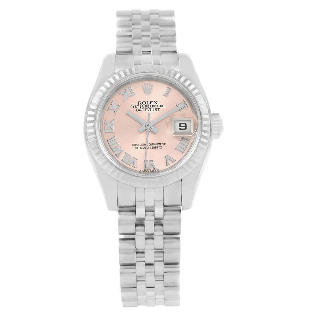 The image shows a frontal view of a Rolex Datejust 179174 Women's Stainless Steel Pink Dial 179174 Women's Stainless Steel Pink Dial watch, displaying its dial, bezel, and bracelet.