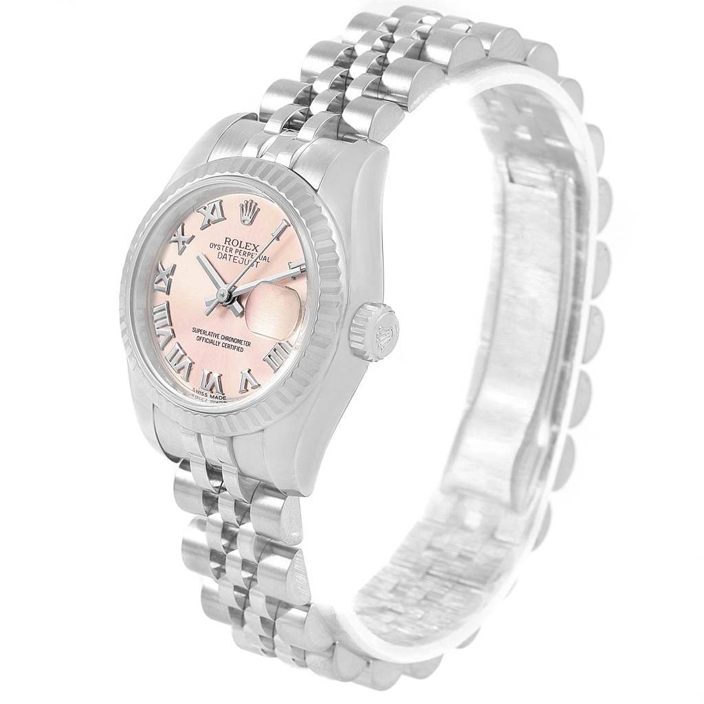 The image shows a side view of a Rolex Datejust 179174 Women's Stainless Steel Pink Dial 179174 Women's Stainless Steel Pink Dial watch, displaying the dial, crown, and bracelet.