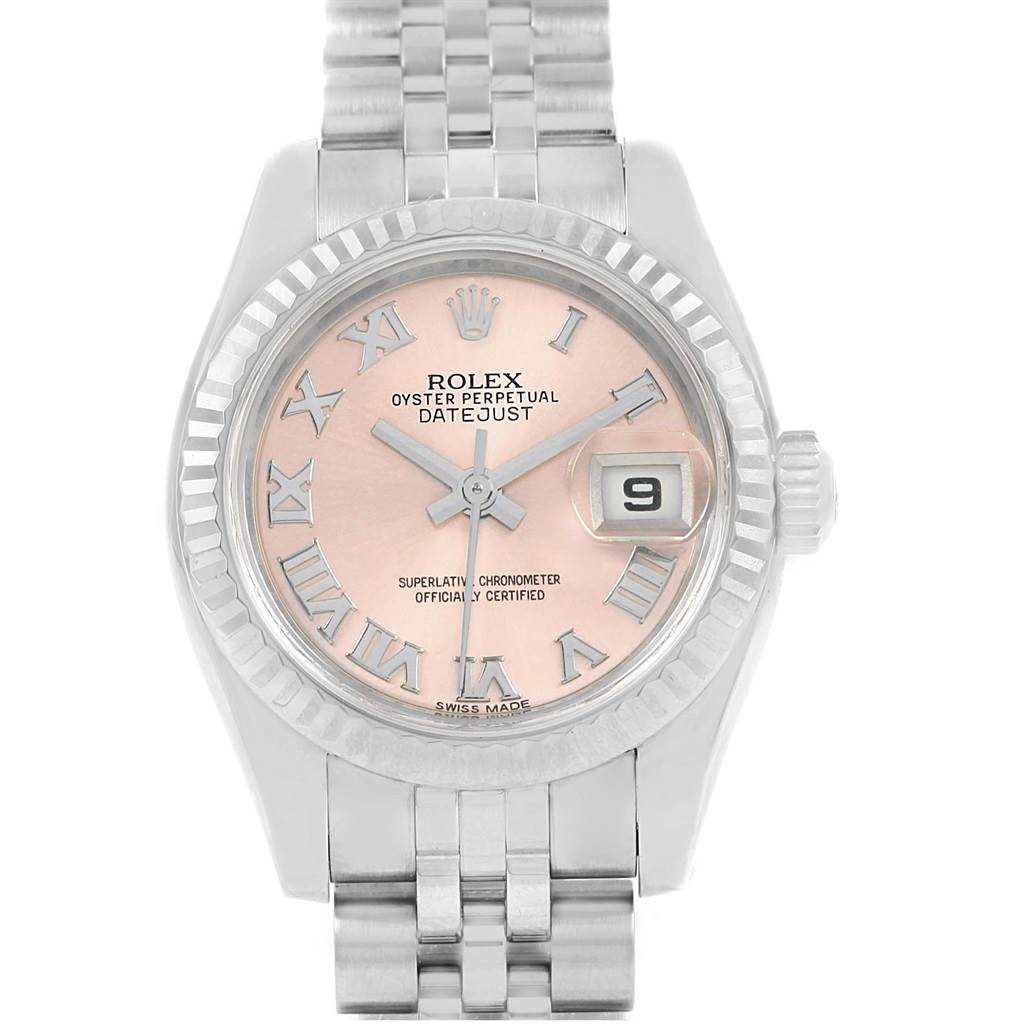 The image shows a frontal view of the Rolex Datejust 179174 Women's Stainless Steel Pink Dial 179174 Women's Stainless Steel Pink Dial watch, highlighting its dial, bezel, and bracelet.