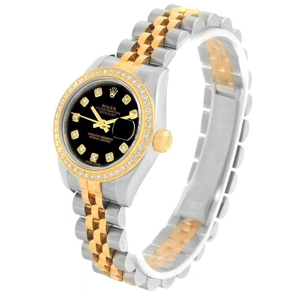 This Rolex Datejust 179383 Women's Steel and Gold (two tone) Black Dial 179383 Women's Steel and Gold (two tone) Black Dial watch is shown at a three-quarter angle, displaying its black dial, diamond bezel, and two-tone bracelet.